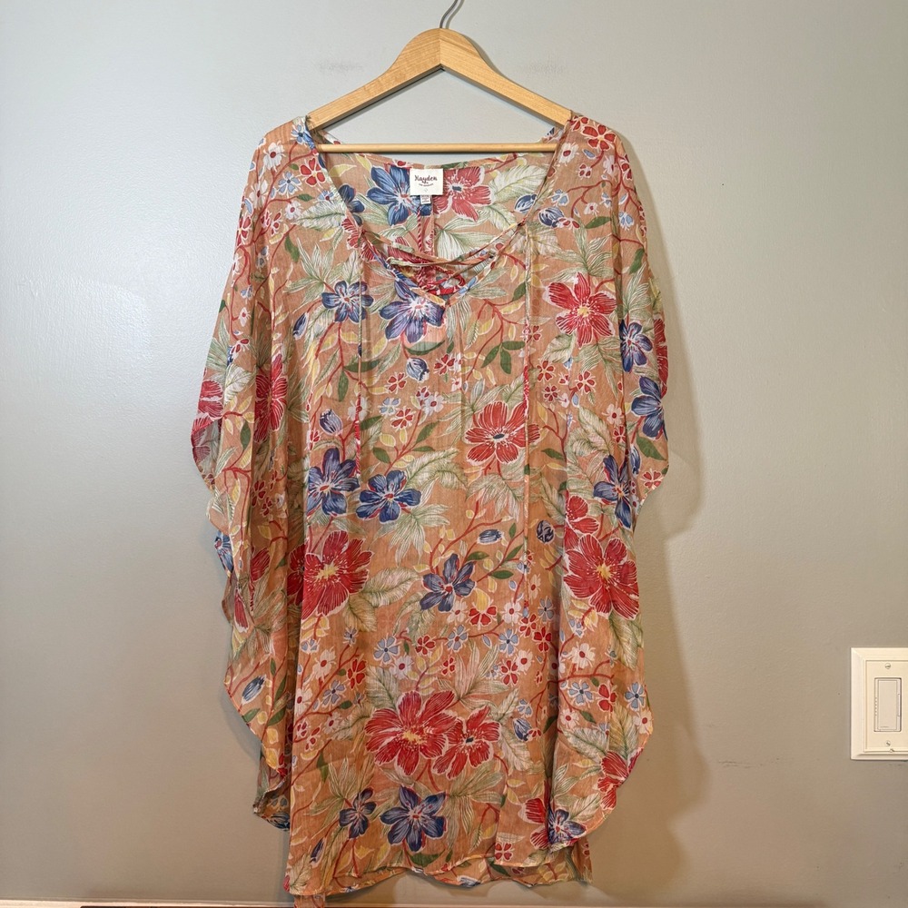 Hayden Los Angeles Floral Kaftan Top 1XL/2XL Terracotta Lace Up Tropical Boho